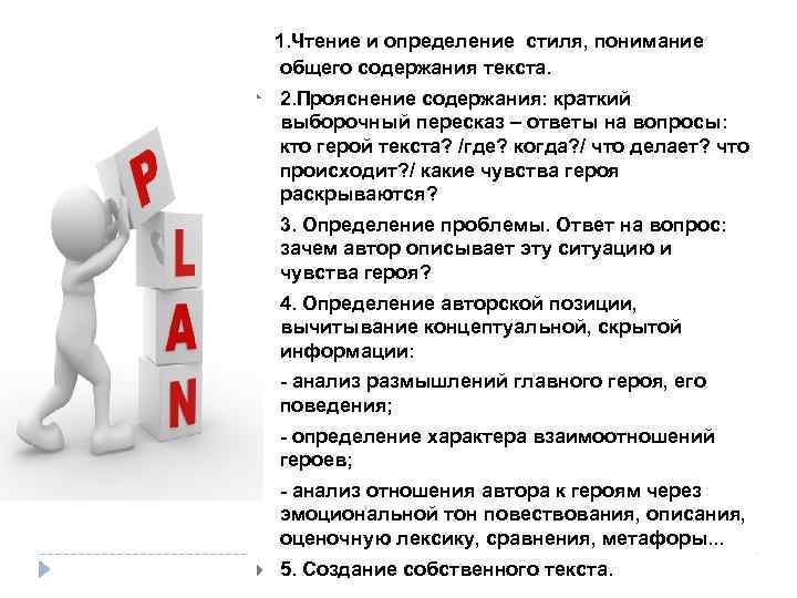  1. Чтение и определение стиля, понимание общего содержания текста. 2. Прояснение содержания: краткий