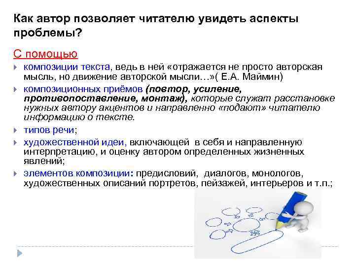 Как автор позволяет читателю увидеть аспекты проблемы? С помощью композиции текста, ведь в ней