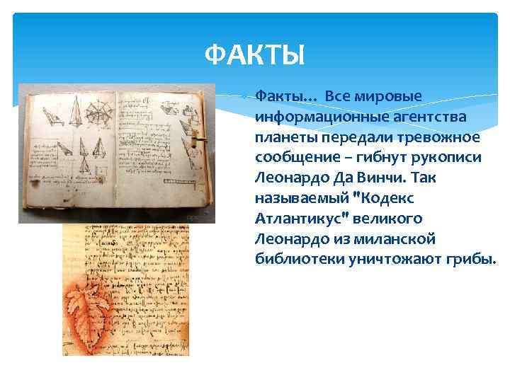 ФАКТЫ Факты… Все мировые информационные агентства планеты передали тревожное сообщение – гибнут рукописи Леонардо
