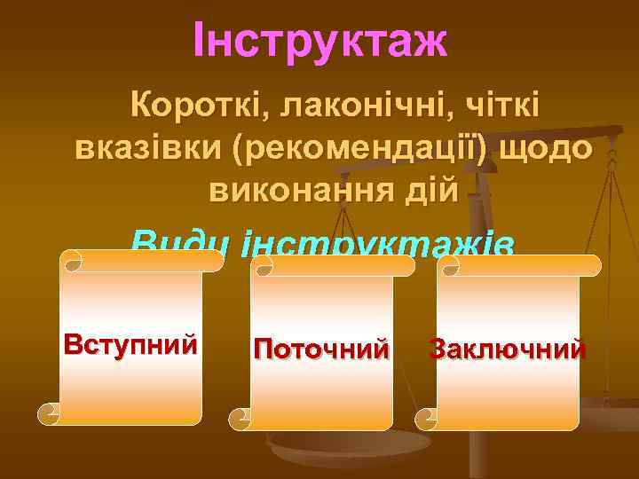 Інструктаж Короткі, лаконічні, чіткі вказівки (рекомендації) щодо виконання дій Види інструктажів Вступний Поточний Заключний