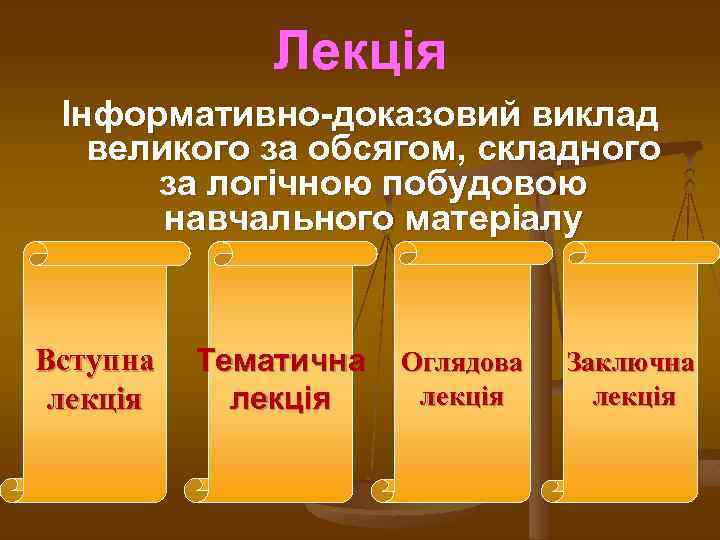 Лекція Інформативно-доказовий виклад великого за обсягом, складного за логічною побудовою навчального матеріалу Вступна лекція