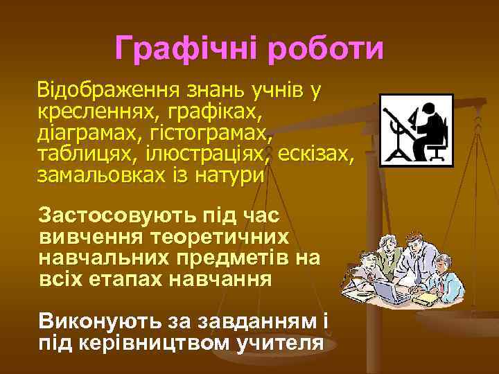 Графічні роботи Відображення знань учнів у кресленнях, графіках, діаграмах, гістограмах, таблицях, ілюстраціях, ескізах, замальовках