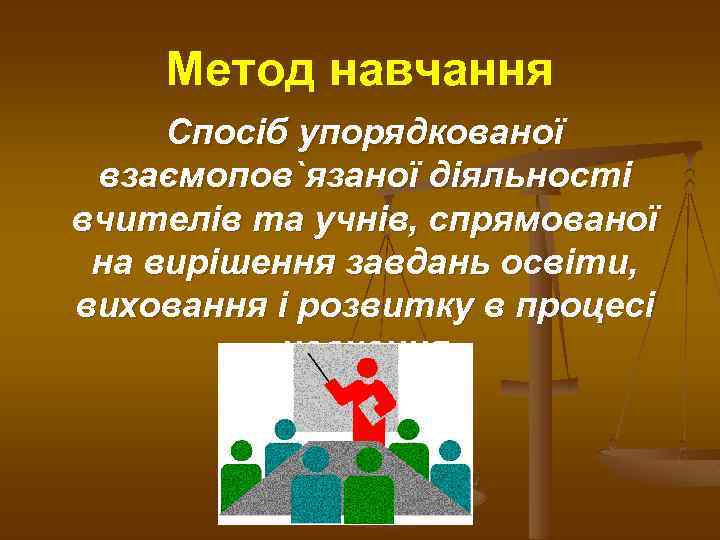 Метод навчання Спосіб упорядкованої взаємопов`язаної діяльності вчителів та учнів, спрямованої на вирішення завдань освіти,