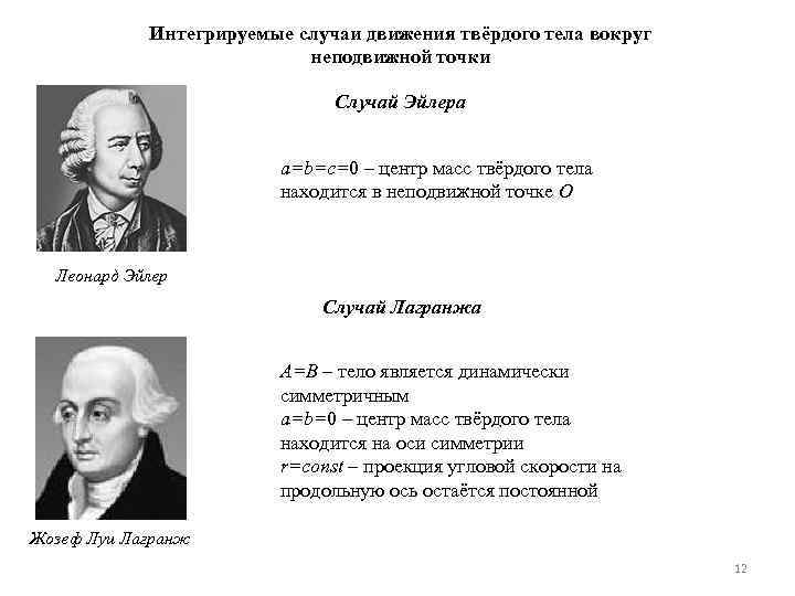 Интегрируемые случаи движения твёрдого тела вокруг неподвижной точки Случай Эйлера a=b=c=0 – центр масс