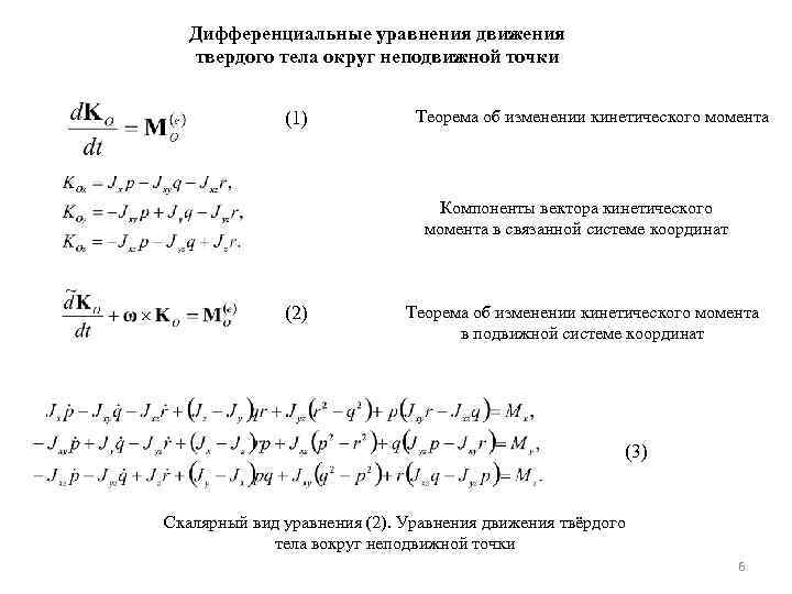 Дифференциальные уравнения движения твердого тела округ неподвижной точки (1) Теорема об изменении кинетического момента