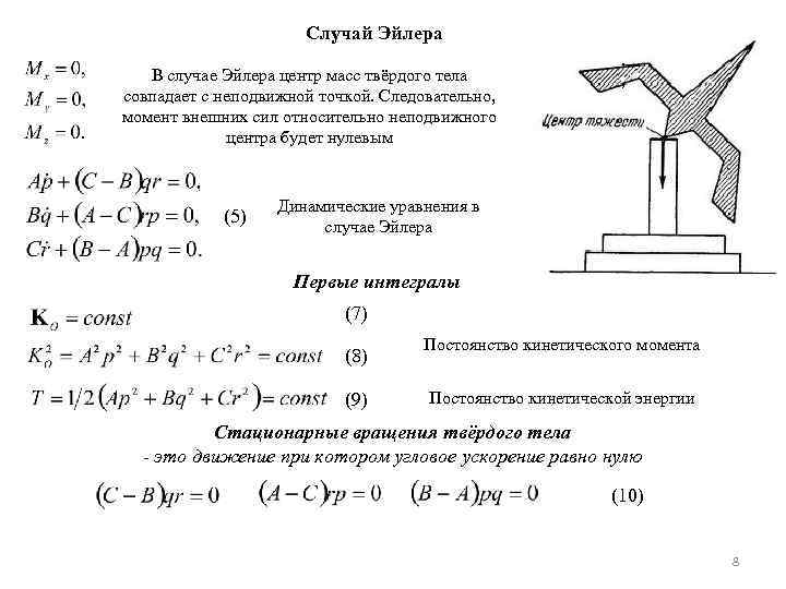 Случай Эйлера В случае Эйлера центр масс твёрдого тела совпадает с неподвижной точкой. Следовательно,