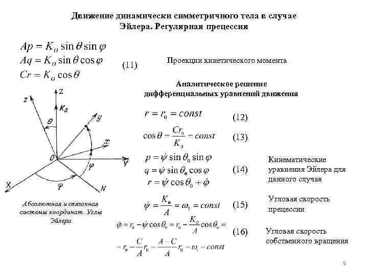 Уравнение движения в проекциях. Сферическое движение твердого тела углы Эйлера. Кинематические уравнения Эйлера. Углы Эйлера и угловая скорость. Уравнения Эйлера движения твердого тела.