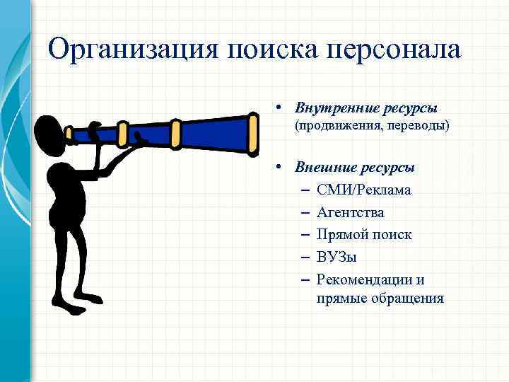 Организация поиска персонала • Внутренние ресурсы (продвижения, переводы) • Внешние ресурсы – СМИ/Реклама –