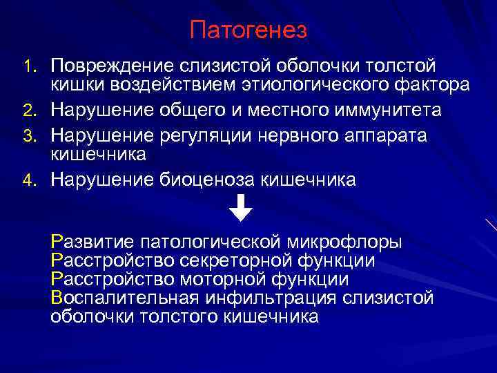 Патогенез 1. Повреждение слизистой оболочки толстой кишки воздействием этиологического фактора 2. Нарушение общего и