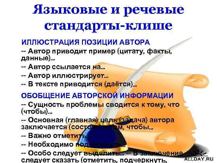 Языковые и речевые стандарты-клише ИЛЛЮСТРАЦИЯ ПОЗИЦИИ АВТОРА -- Автор приводит пример (цитату, факты, данные)…