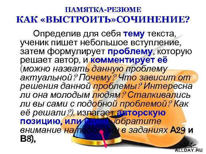 ПАМЯТКА-РЕЗЮМЕ КАК «ВЫСТРОИТЬ» СОЧИНЕНИЕ? Определив для себя тему текста, ученик пишет небольшое вступление, затем