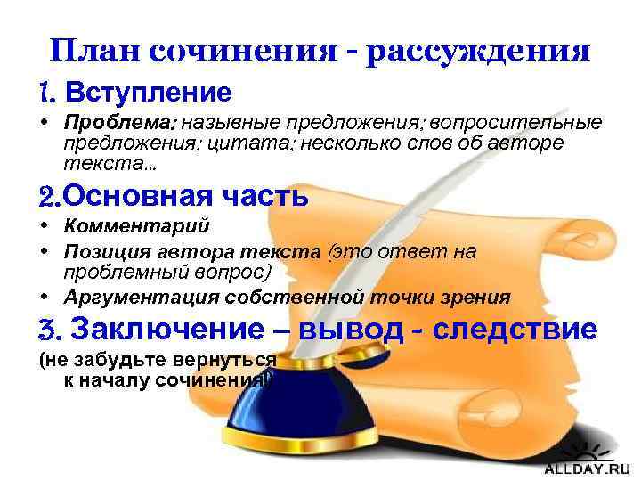 План сочинения - рассуждения 1. Вступление • Проблема: назывные предложения; вопросительные предложения; цитата; несколько