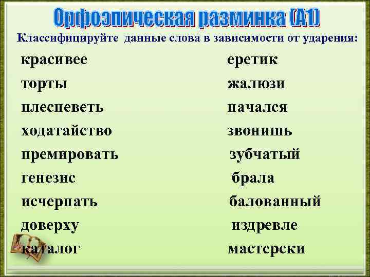 Классифицируйте данные слова в зависимости от ударения: красивее торты плесневеть ходатайство премировать генезис исчерпать
