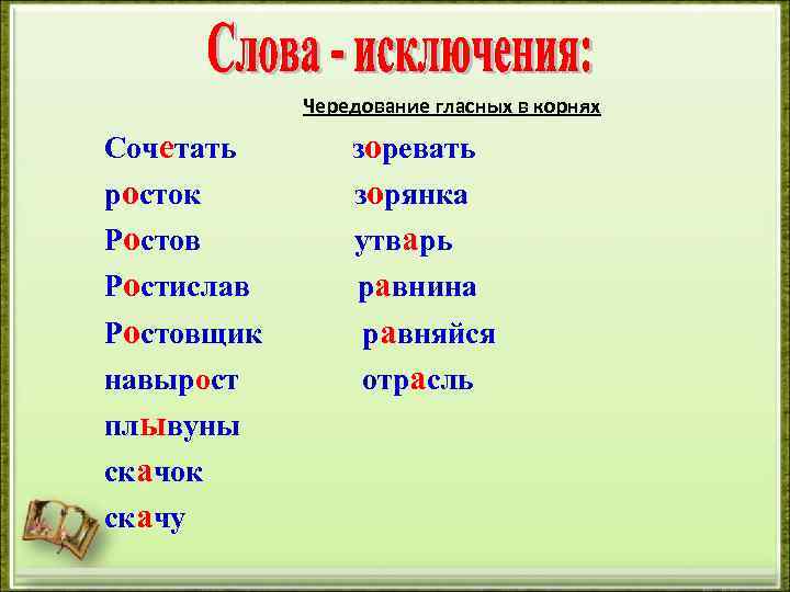 Чередование гласных в корнях Сочетать росток зоревать зорянка Ростов Ростислав утварь равнина Ростовщик навырост