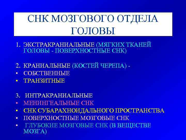 СНК МОЗГОВОГО ОТДЕЛА ГОЛОВЫ 1. ЭКСТРАКРАНИАЛЬНЫЕ (МЯГКИХ ТКАНЕЙ ГОЛОВЫ - ПОВЕРХНОСТНЫЕ СНК) 2. КРАНИАЛЬНЫЕ