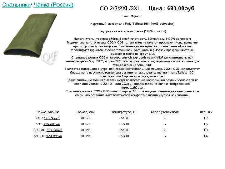 Спальники/ Чайка (Россия) CO 2/3/2 XL/3 XL Цена : 693. 00 руб Тип :