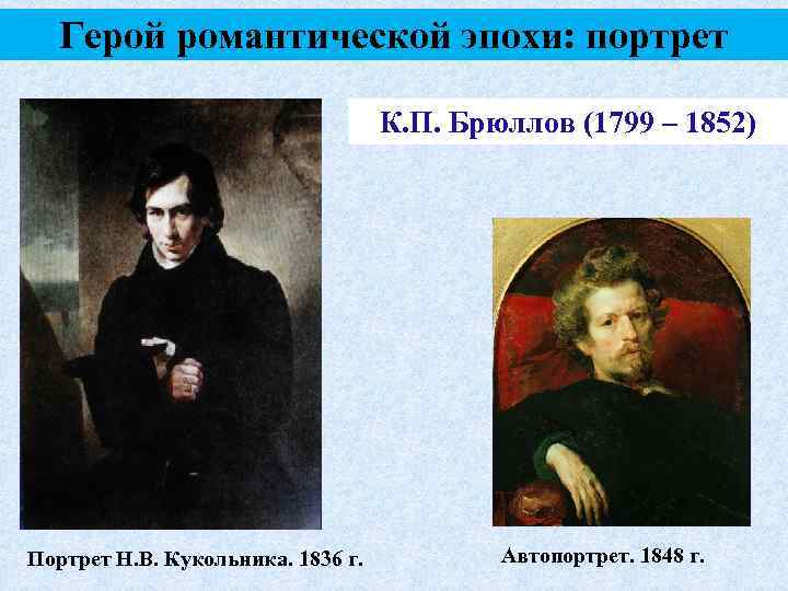Герой романтической эпохи: портрет К. П. Брюллов (1799 – 1852) Портрет Н. В. Кукольника.