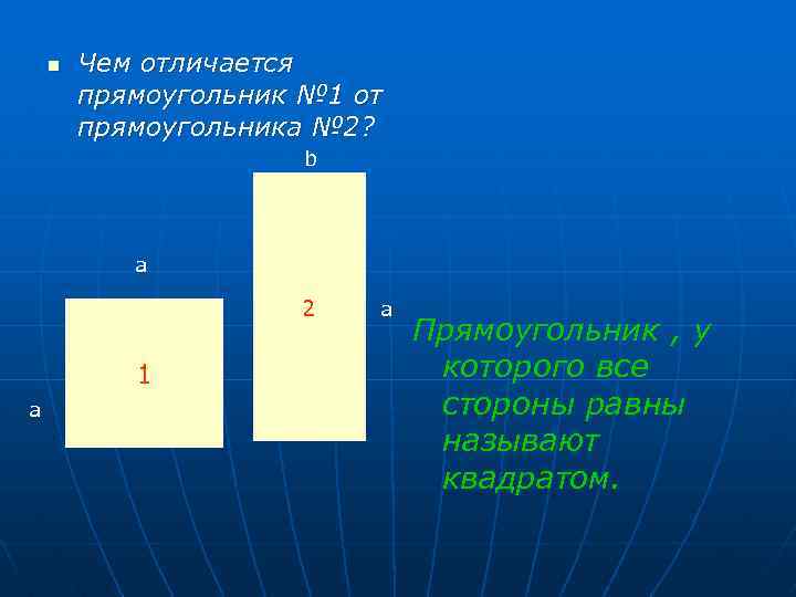 n Чем отличается прямоугольник № 1 от прямоугольника № 2? b a 2 1