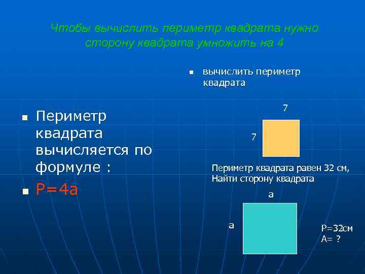 Чтобы вычислить периметр квадрата нужно сторону квадрата умножить на 4 n n n Периметр