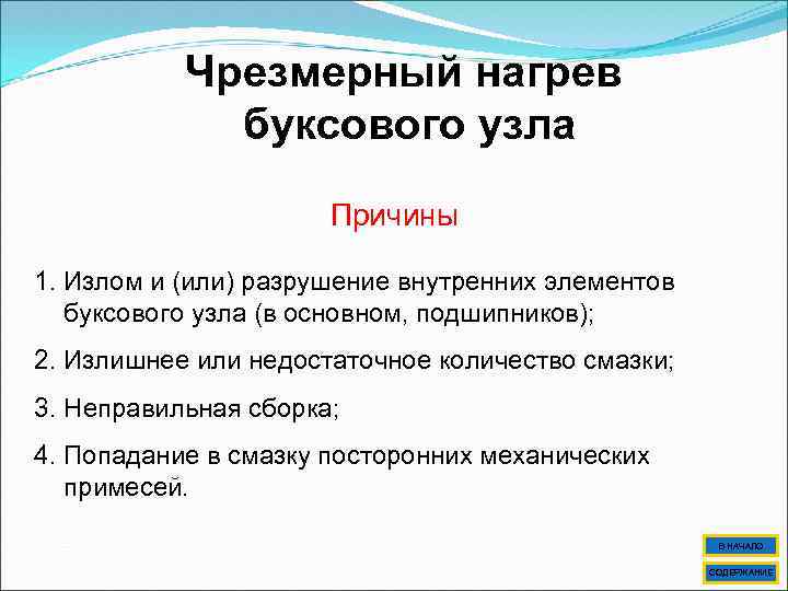 Чрезмерный нагрев буксового узла Причины 1. Излом и (или) разрушение внутренних элементов буксового узла