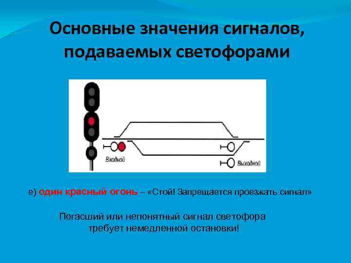 Основные значения сигналов, подаваемых светофорами е) один красный огонь – «Стой! Запрещается проезжать сигнал»