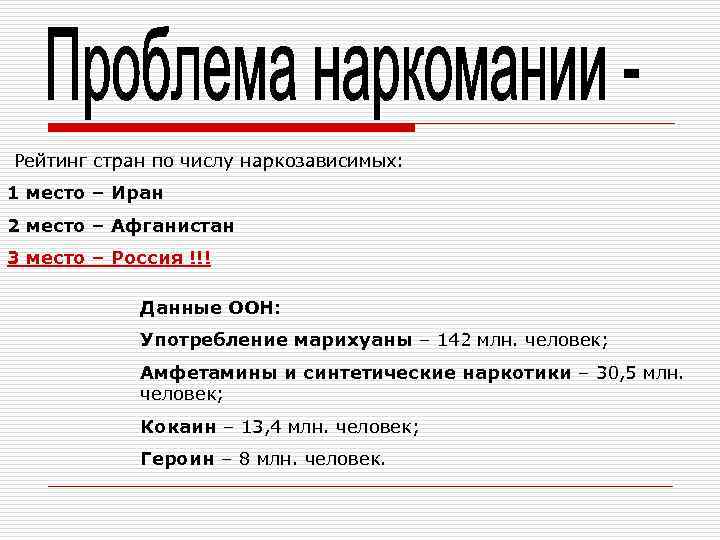 Рейтинг стран по числу наркозависимых: 1 место – Иран 2 место – Афганистан 3