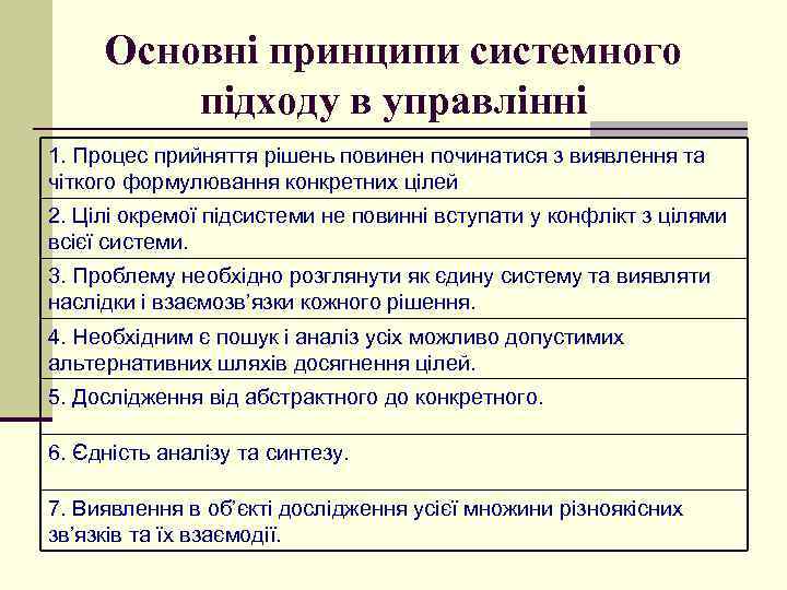 Основні принципи системного підходу в управлінні 1. Процес прийняття рішень повинен починатися з виявлення