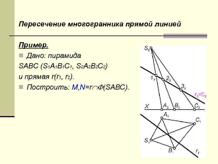 Пересечение многогранника прямой линией Пример. n Дано: пирамида SABC (S 1 A 1 B