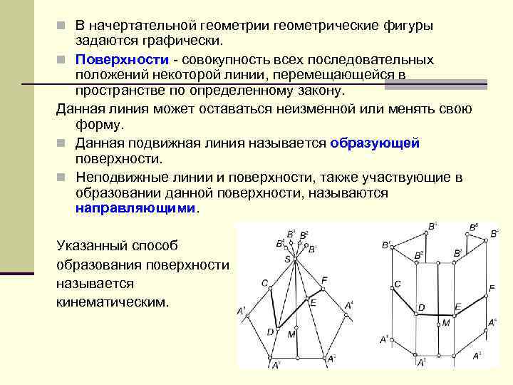 n В начертательной геометрии геометрические фигуры задаются графически. n Поверхности - совокупность всех последовательных