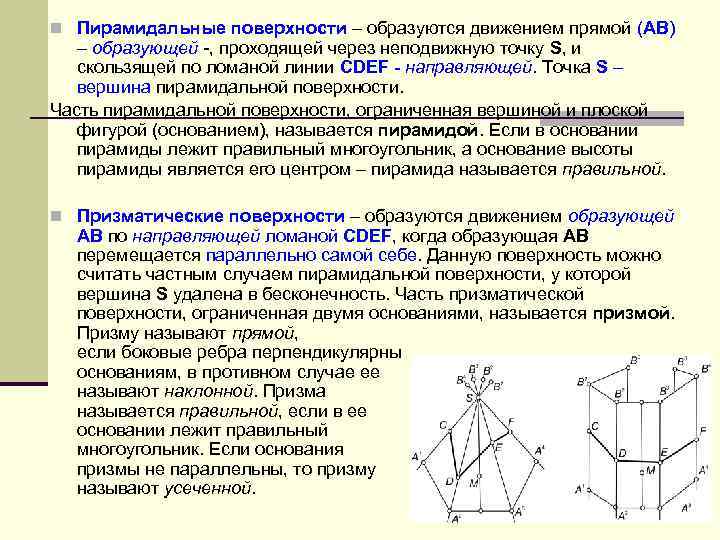 n Пирамидальные поверхности – образуются движением прямой (АВ) – образующей -, проходящей через неподвижную