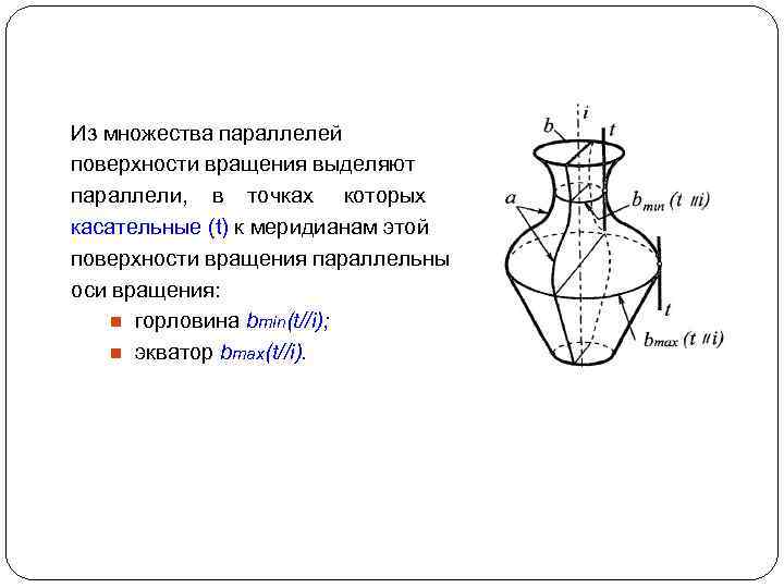 Из множества параллелей поверхности вращения выделяют параллели, в точках которых касательные (t) к меридианам