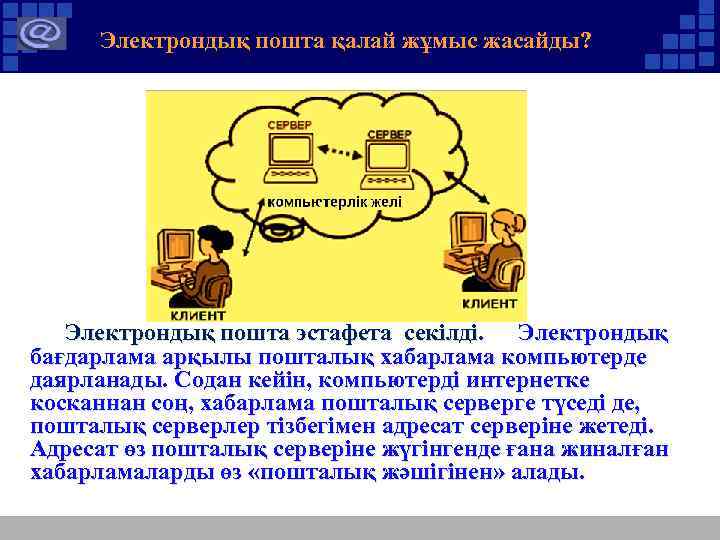 Электрондық пошта қалай жұмыс жасайды? Электрондық пошта эстафета секілді. Электрондық бағдарлама арқылы пошталық хабарлама