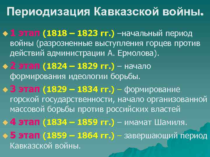 Периодизация Кавказской войны. u 1 этап (1818 – 1823 гг. ) –начальный период u