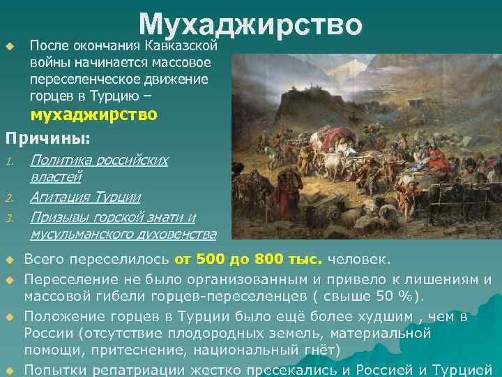 u Мухаджирство После окончания Кавказской войны начинается массовое переселенческое движение горцев в Турцию –