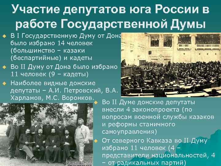 Участие депутатов юга России в работе Государственной Думы u u u В I Государственную