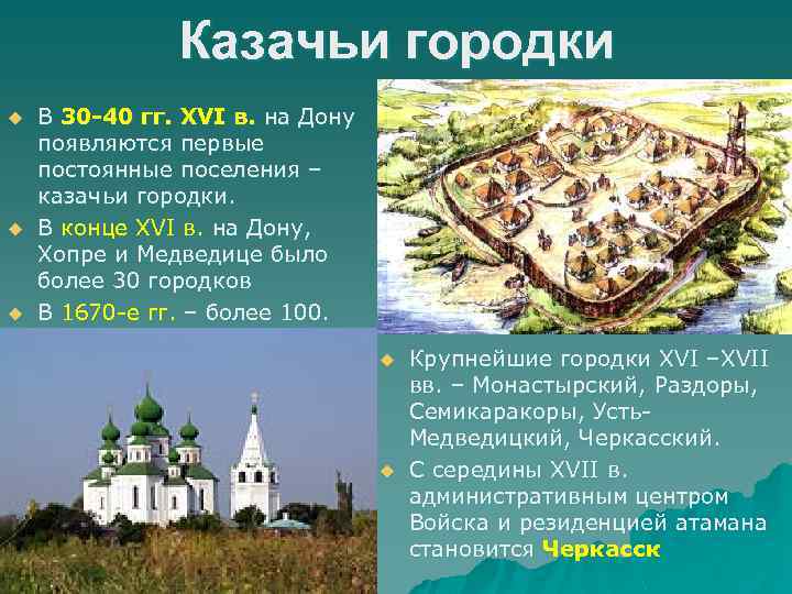 Казачьи городки u u u В 30 -40 гг. XVI в. на Дону появляются