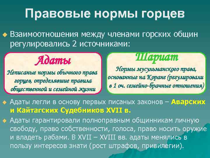 Правовые нормы горцев u Взаимоотношения между членами горских общин регулировались 2 источниками: Адаты Неписаные