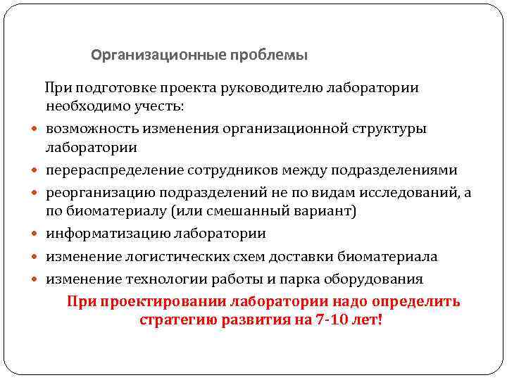 Организационные проблемы При подготовке проекта руководителю лаборатории необходимо учесть: возможность изменения организационной структуры лаборатории