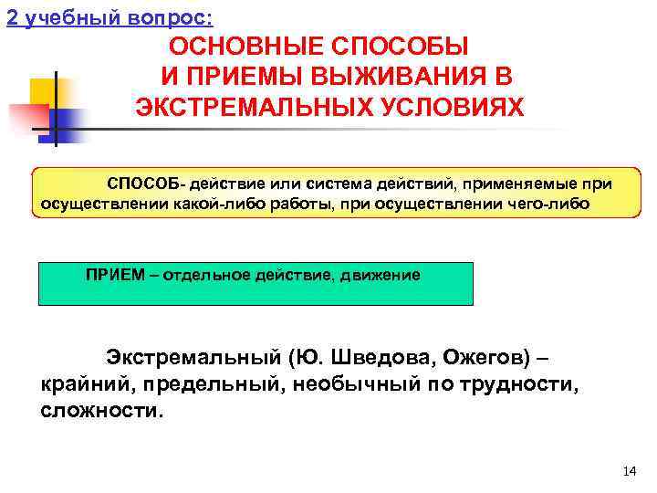 2 учебный вопрос: ОСНОВНЫЕ СПОСОБЫ И ПРИЕМЫ ВЫЖИВАНИЯ В ЭКСТРЕМАЛЬНЫХ УСЛОВИЯХ СПОСОБ- действие или