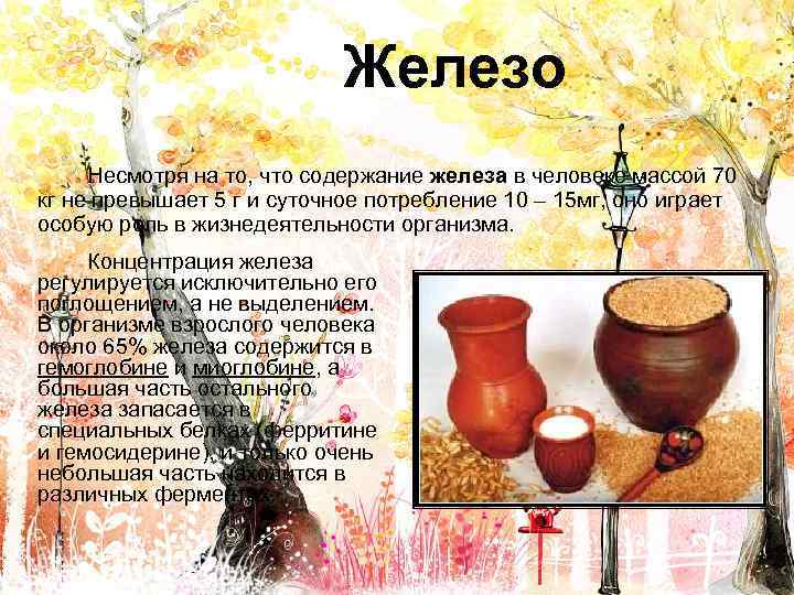 Железо Несмотря на то, что содержание железа в человеке массой 70 кг не превышает