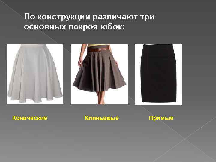 По конструкции различают три основных покроя юбок: Конические Клиньевые Прямые 