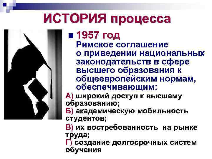 ИСТОРИЯ процесса n 1957 год Римское соглашение о приведении национальных законодательств в сфере высшего