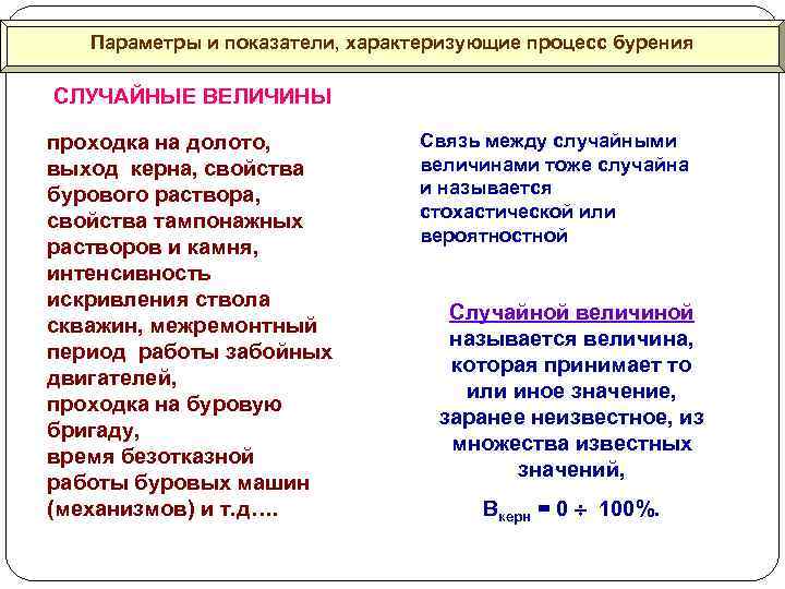 Параметры и показатели, характеризующие процесс бурения СЛУЧАЙНЫЕ ВЕЛИЧИНЫ проходка на долото, выход керна, свойства