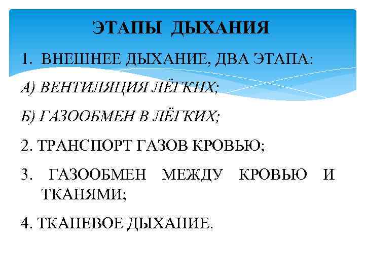 ЭТАПЫ ДЫХАНИЯ 1. ВНЕШНЕЕ ДЫХАНИЕ, ДВА ЭТАПА: А) ВЕНТИЛЯЦИЯ ЛЁГКИХ; Б) ГАЗООБМЕН В ЛЁГКИХ;