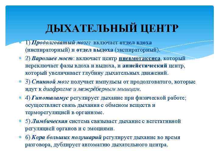 ДЫХАТЕЛЬНЫЙ ЦЕНТР 1) Продолговатый мозг: включает отдел вдоха (инспираторный) и отдел выдоха (экспираторный). 2)