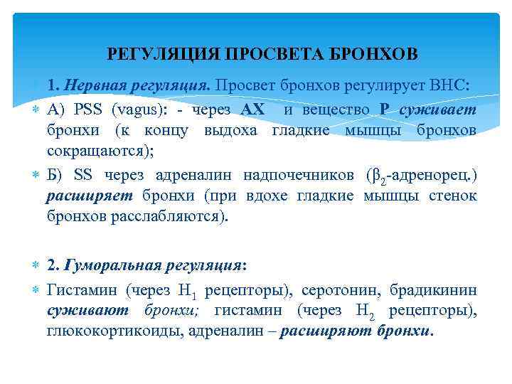 РЕГУЛЯЦИЯ ПРОСВЕТА БРОНХОВ 1. Нервная регуляция. Просвет бронхов регулирует ВНС: А) PSS (vagus): -
