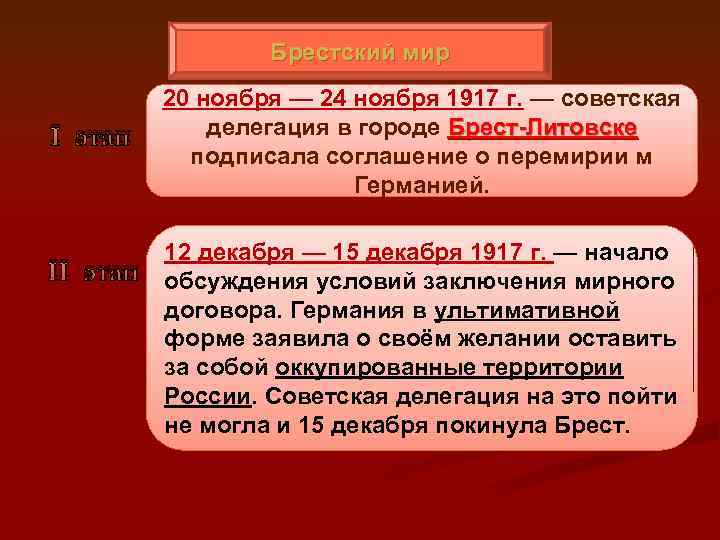 Брестский мир I этап II этап 20 ноября — 24 ноября 1917 г. —