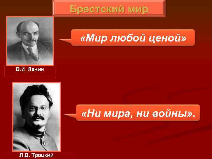 Брестский мир «Мир любой ценой» В. И. Ленин «Ни мира, ни войны» . Л.