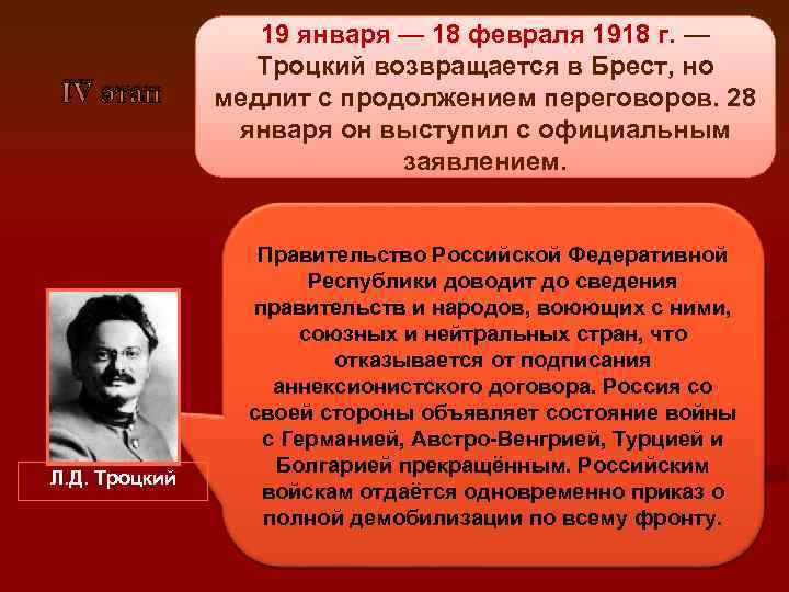 IV этап Л. Д. Троцкий 19 января — 18 февраля 1918 г. — Троцкий