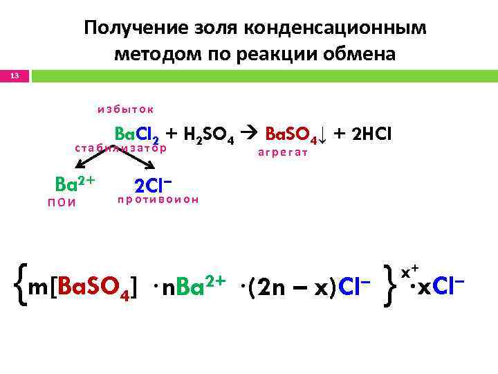 Получение золя конденсационным методом по реакции обмена 13 избыток Ba. Cl 2 + H